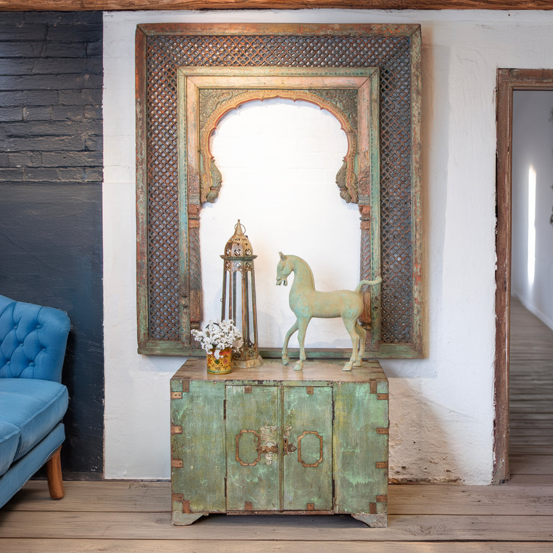 Lifestyle Exapmle Of Antique Front Opening Indian Green Painted Teak Military Chest | Indigo Antiques
