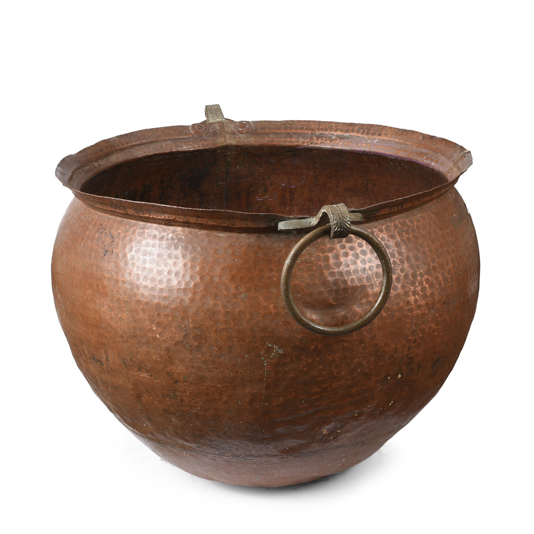 Angled View Of Antique Copper Water Pot From Kerala  | Indigo Antiques