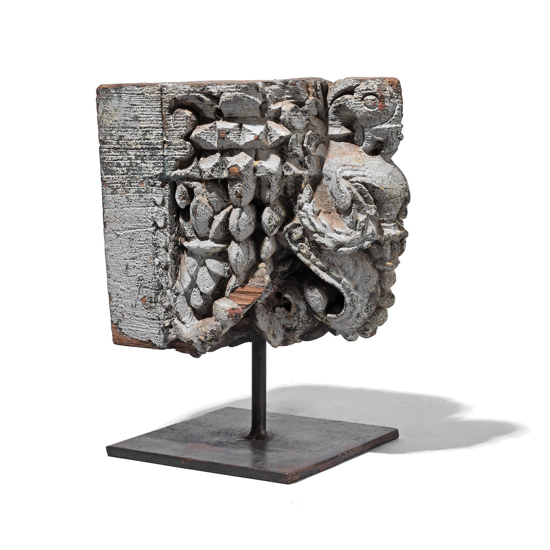 Angled VIew Of Beautifully Carved Teak Peacock Corbel From Gujarat 19th Century Mounted On Stand