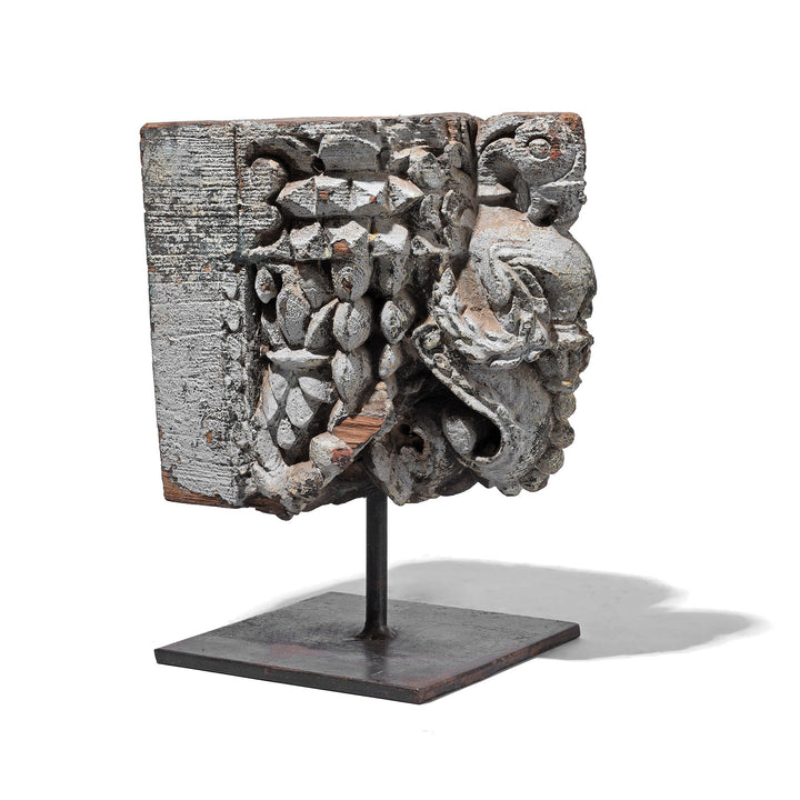 Angled VIew Of Beautifully Carved Teak Peacock Corbel From Gujarat 19th Century Mounted On Stand