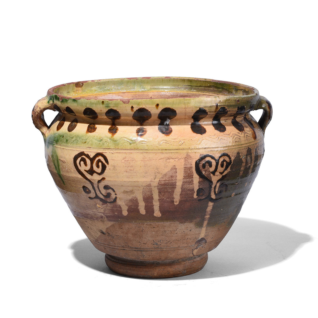 Beige Rustic Sancai Glazed Terracotta Vessel From Yunnan Province With Twin Loop Handles And Naturally Aged Surface Patina | Indigo Antiques 