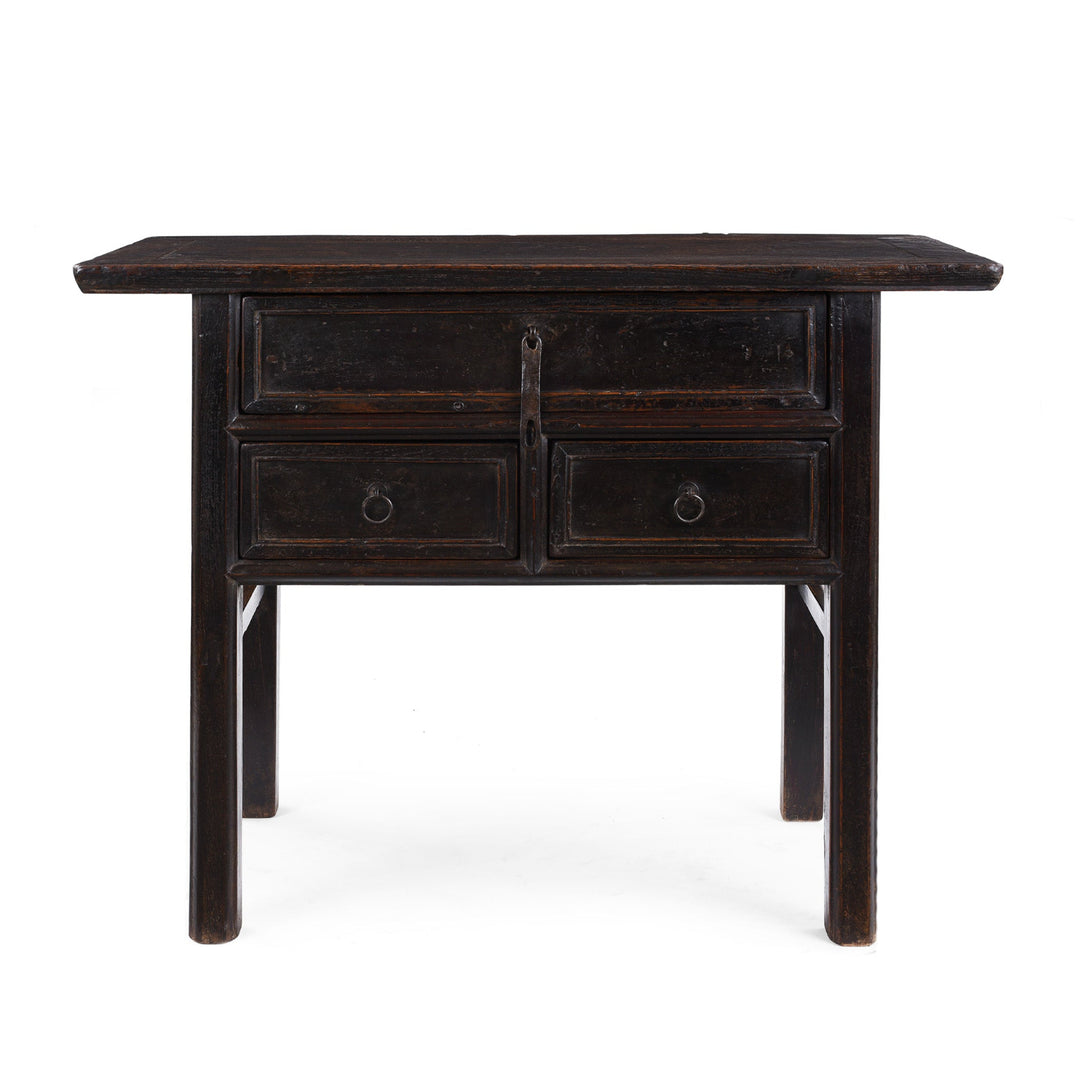 Black Lacquer Antique Chinese Half Table With Three Drawers And A Richly Patinated Finish