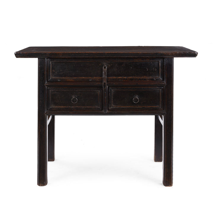 Black Lacquer Antique Chinese Half Table With Three Drawers And A Richly Patinated Finish