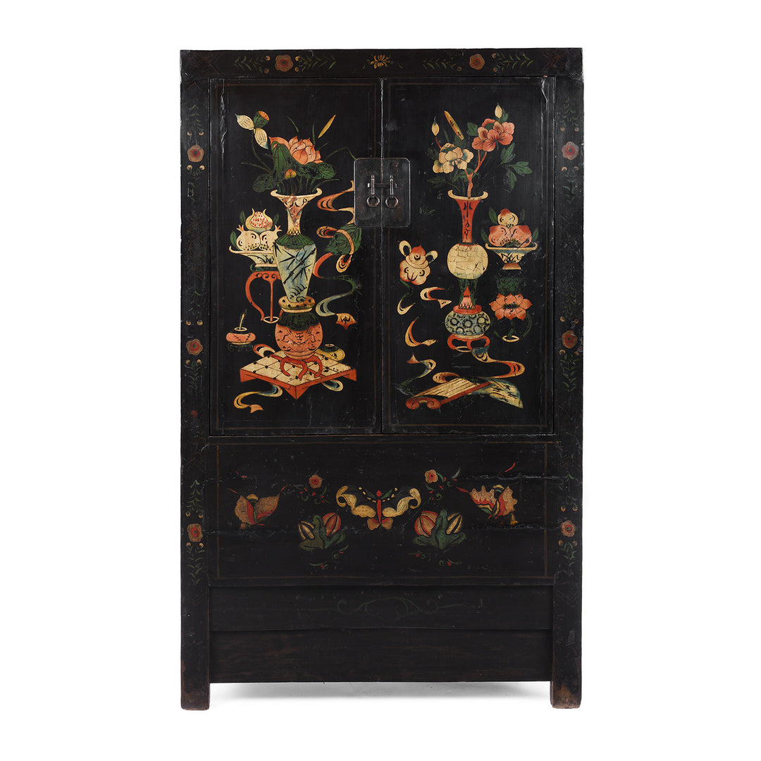 Black Lacquer Chinese Wedding Cabinet From Shanxi With Painted Floral Panels | Indigo Antiques
