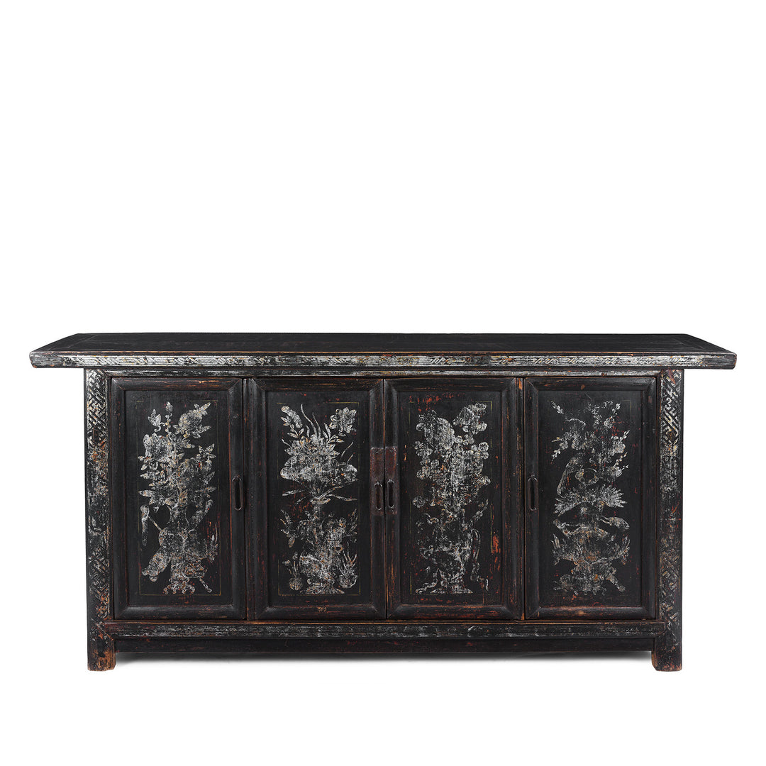 Black Lacquer Qinghai Sideboard With Four Doors And Silver Leaf Floral Vase Painting | Indigo Antiques