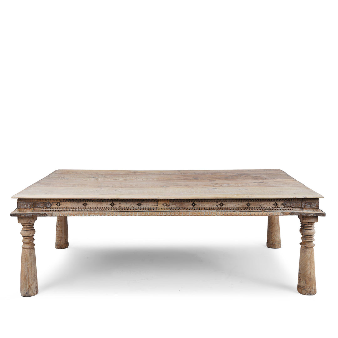 Bleached 19th Century Teak Takhat Table From Hyderabad With Hand Carved Star Motifs And Turned Legs | Indigo Antiques