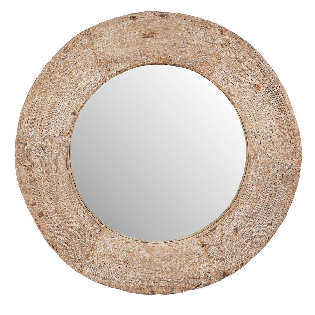 Bleached Reclaimed Wood Indian Round Mirror With Wide Textured Circular Frame | Indigo Antiques