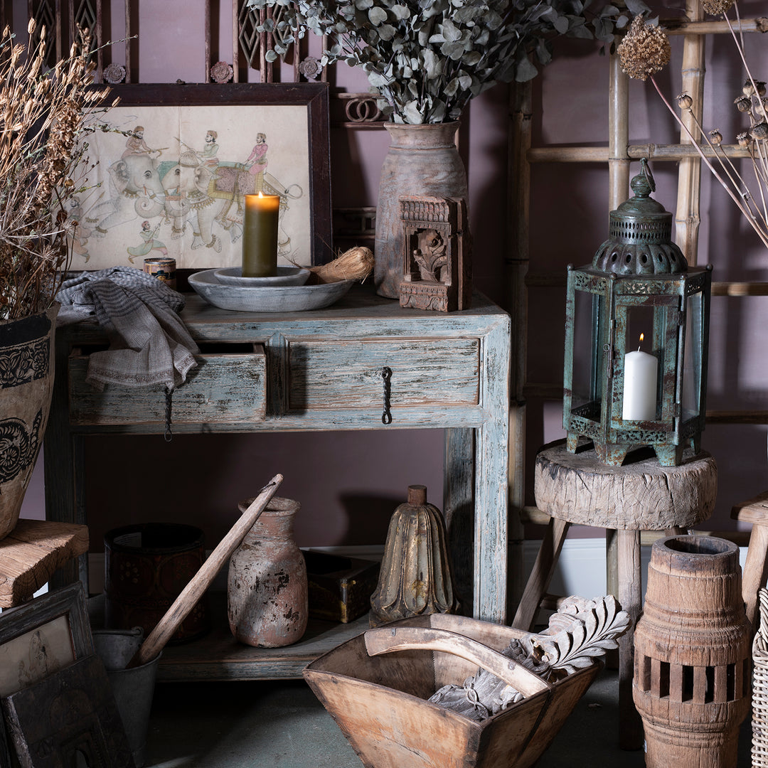 Chinese Reproduction Pale Blue Painted 2 Drawer Console Made From Old Pine | Indigo Antiques