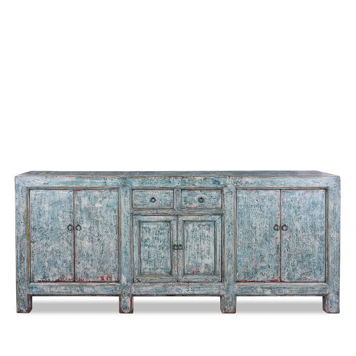 Blue Painted Mongolian Sideboard Made From Reclaimed Elm Poplar And Pine With Distressed Finish And Cupboard Storage