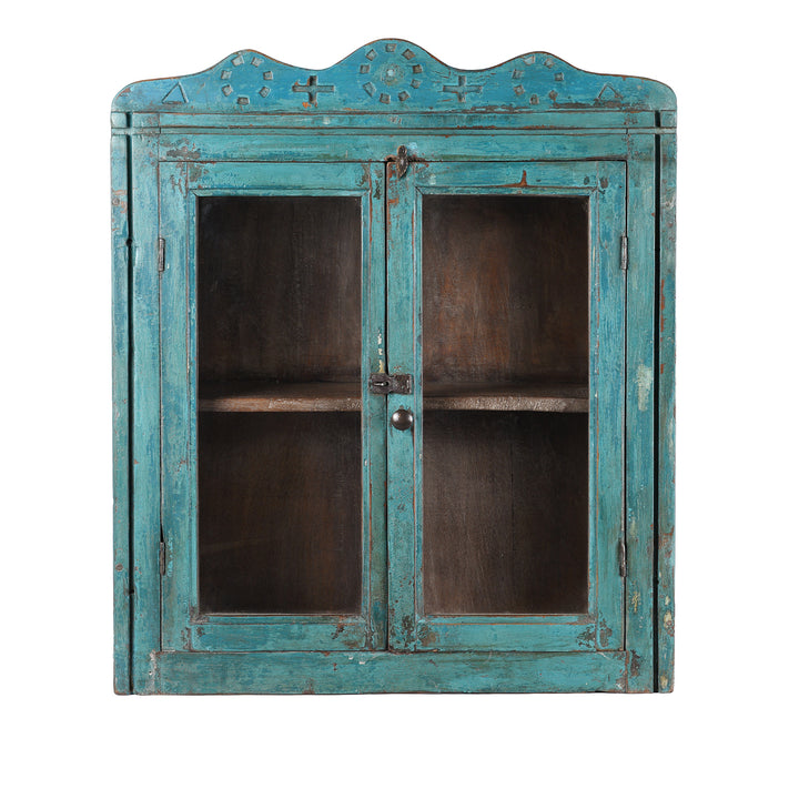 Blue Painted Teak Glazed Wall Cabinet Circa 1930 With Double Doors And Decorative Crest
