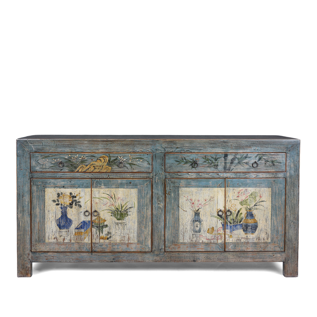 Blue Painted Vintage Shanxi Sideboard With Hand Painted Floral Vase Panels