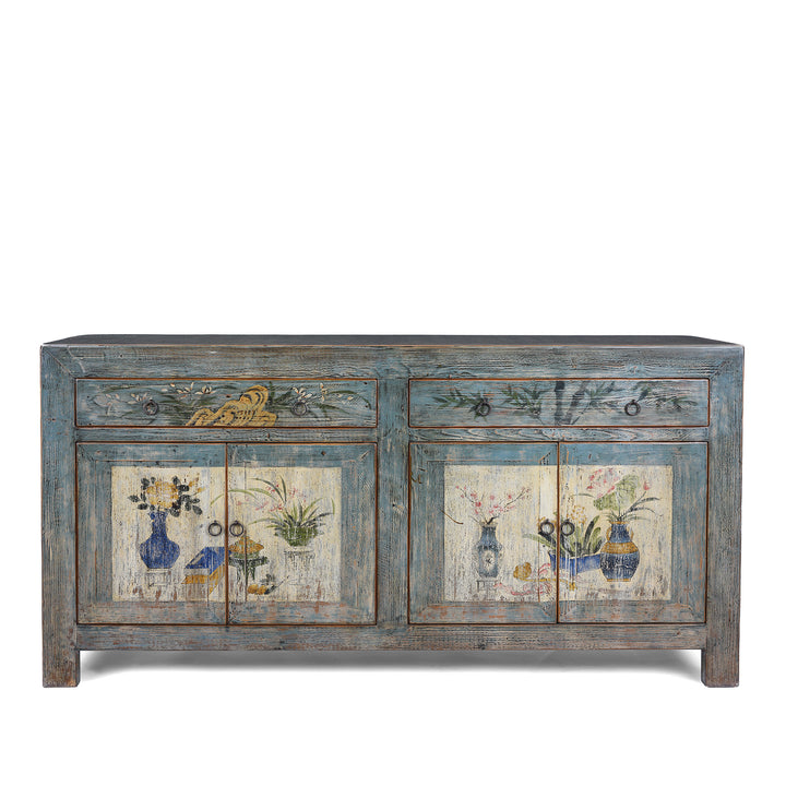 Blue Painted Vintage Shanxi Sideboard With Hand Painted Floral Vase Panels