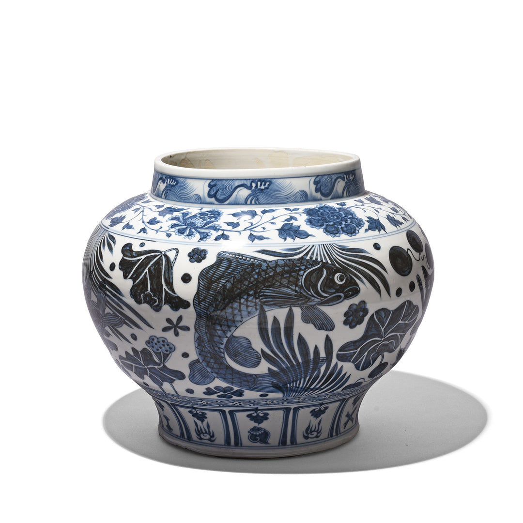 Blue & White Porcelain Jardinière - Fish Design | Indigo Antiques