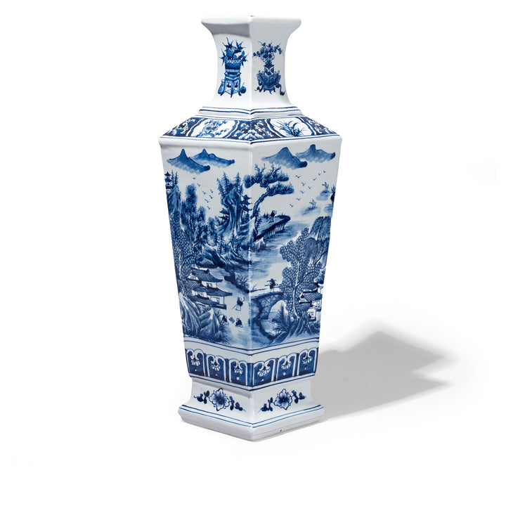 Blue & White Porcelain Squared Vase - Pastoral Scenes 