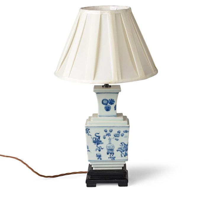 Blue & White Short Lamp With Base - Lucky Symbols | Indigo Antiques