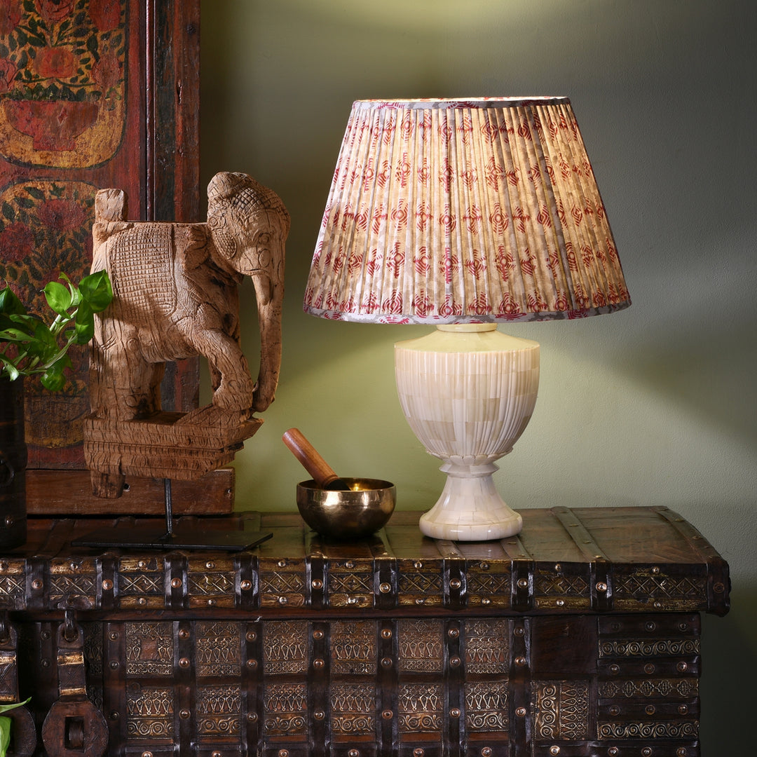 Bone inlay Indian table lamp with an antique Indian elephant figure on stand in an Oriental Interior