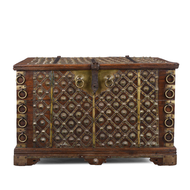 Brass Bound Rosewood Chest From Gujarat With Studded Brass Decoration And Ring Handles, 19th Century