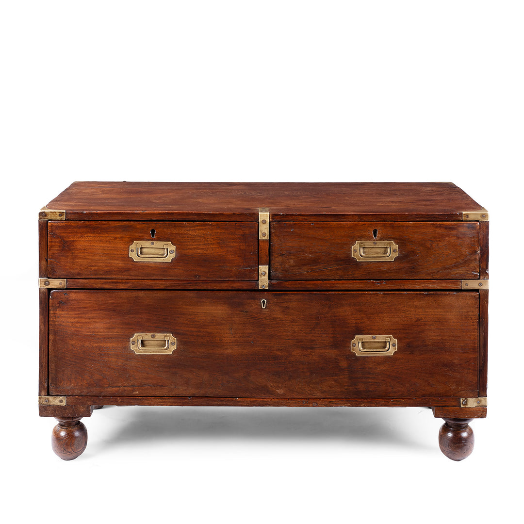 Brass Bound Teak Anglo Indian Military Campaign Chest Of Drawers With Recessed Brass Handles And Bun Feet