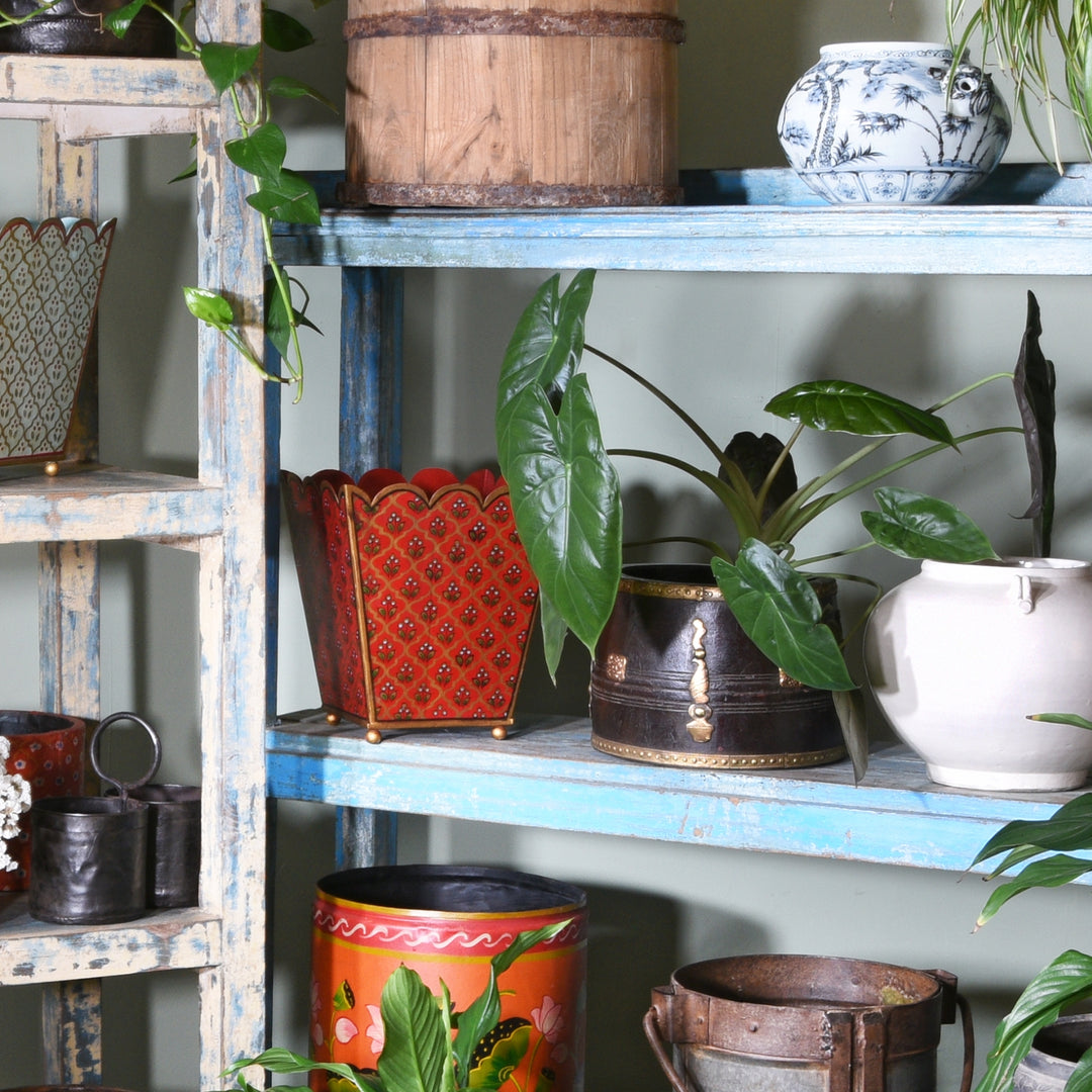 Rustic brass and wood Indian grain measure and other shabby chic planters