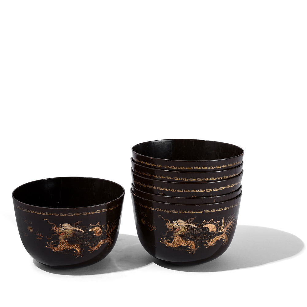 Burmese Black Lacquer Tea Cup With Gilded Five Clawed Dragon Motif Circa 1920