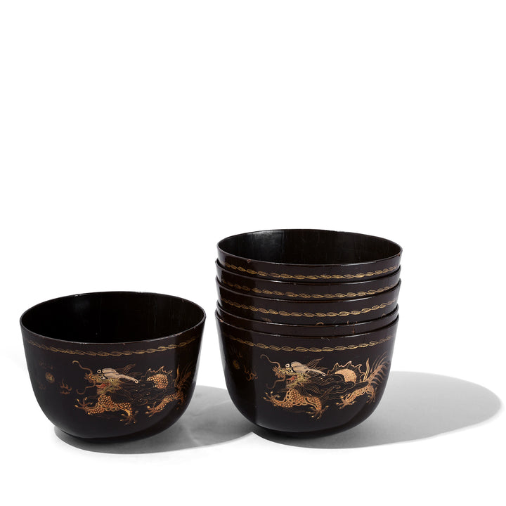 Burmese Black Lacquer Tea Cup With Gilded Five Clawed Dragon Motif Circa 1920
