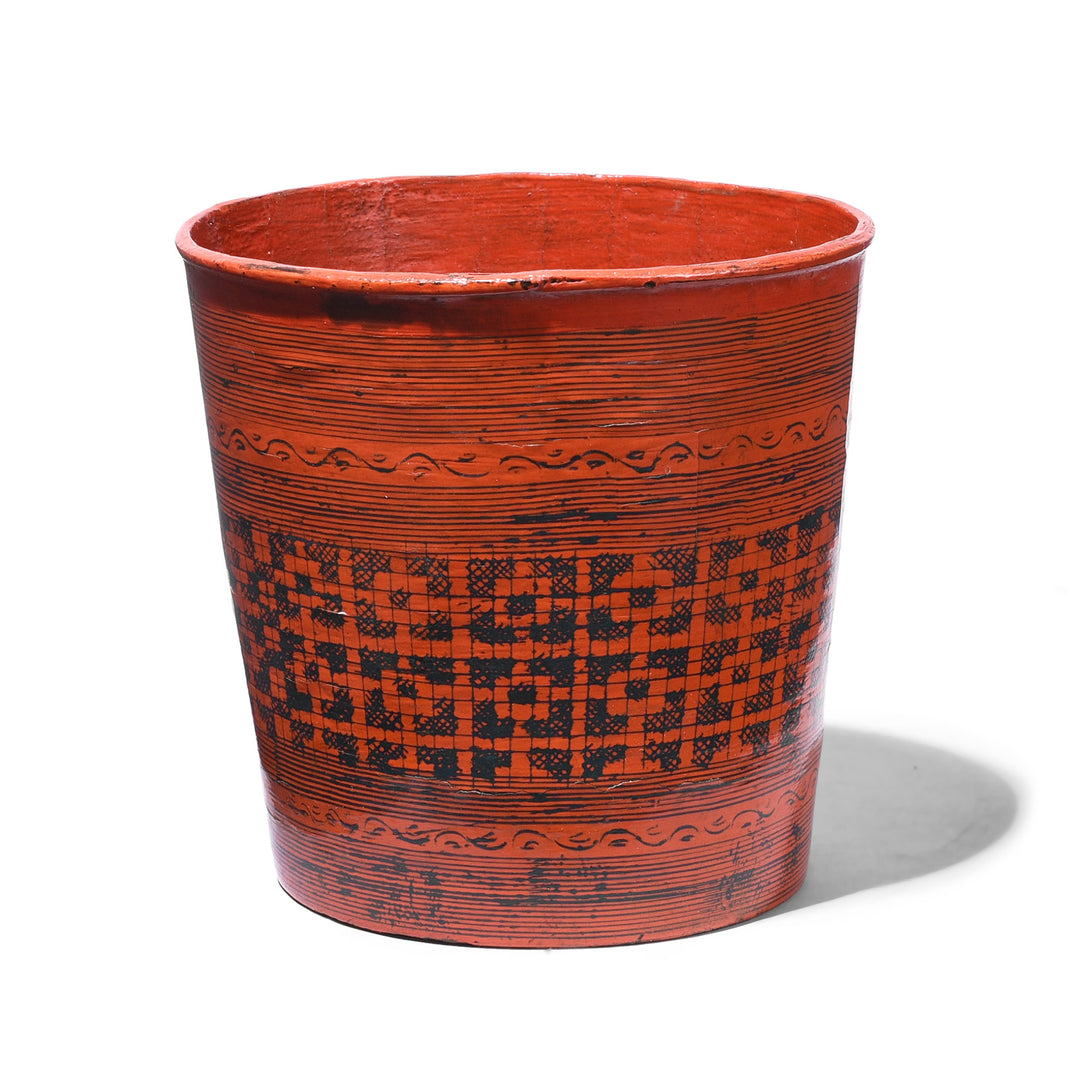 Burmese Lacquer Cup With Orange Red Base And Black Geometric Decoration Circa 1930s