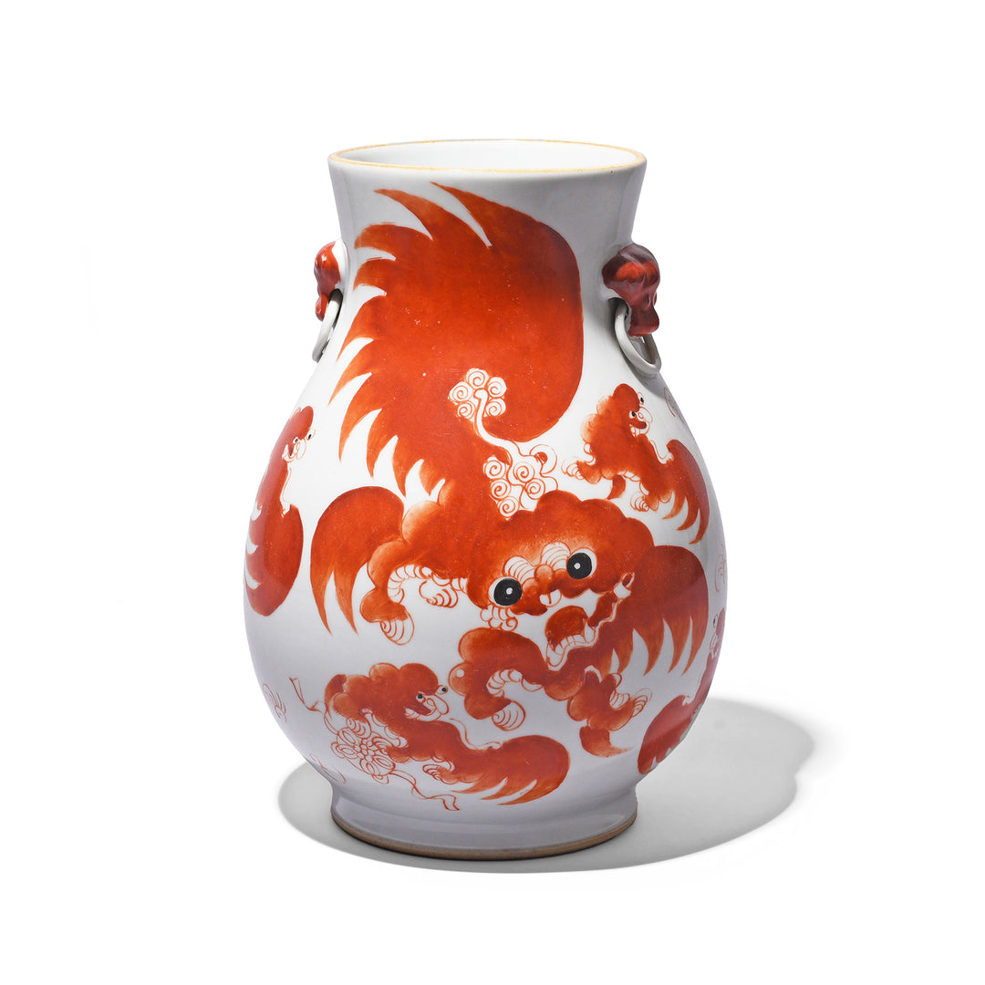 Burnt Orange Porcelain Vase - Snow Lions | Indigo Antiques