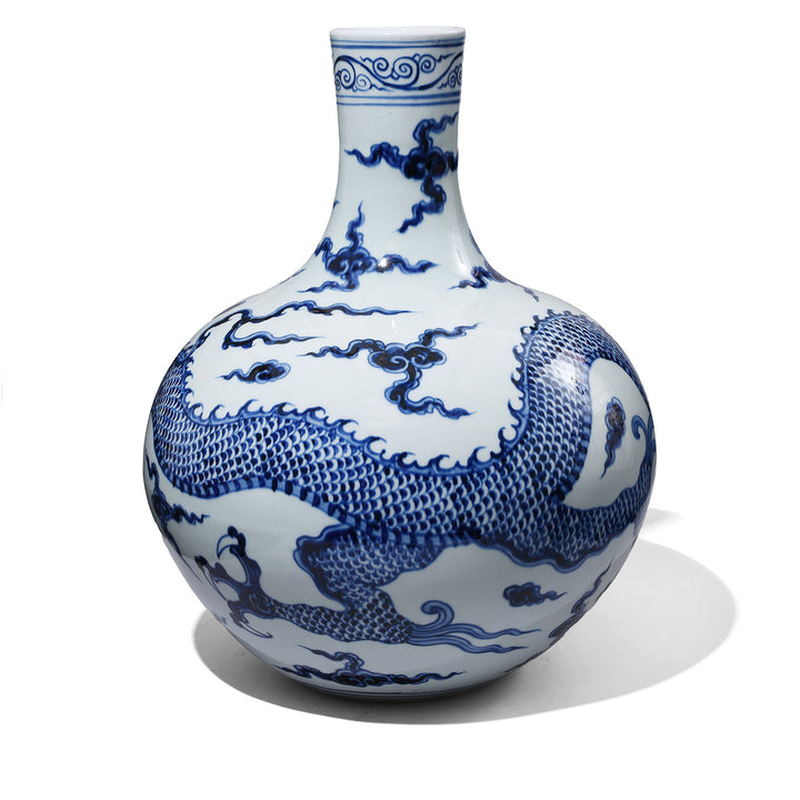 Back Of Blue & White Porcelain Tianqiuping Dragon Vase | Indigo Antiques