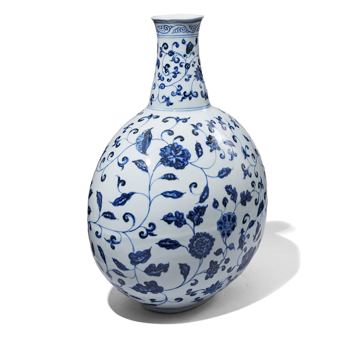 Angled VIew Of Chinese Blue & White Lotus Moonflask | Indigo Antiques