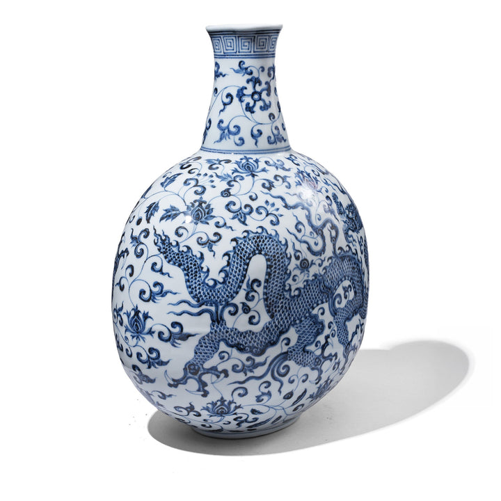 Angled VIew Of Porcelain Dragon Design Bianping Moonflask | Indigo Antiques