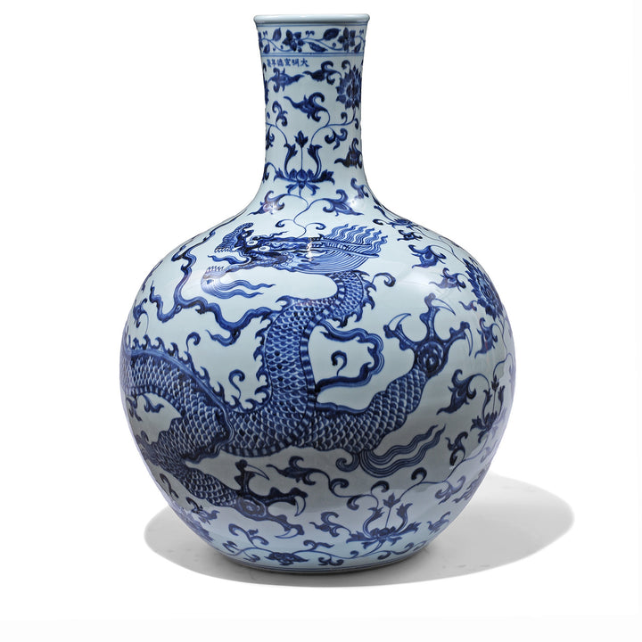 Left Facing Extra Large Blue & White Dragon Bottle Vase | Indigo Antiques