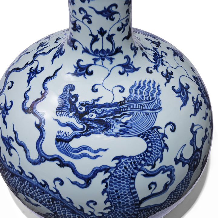 Dragon Detail From Left Facing Extra Large Blue & White Dragon Bottle Vase | Indigo Antiques