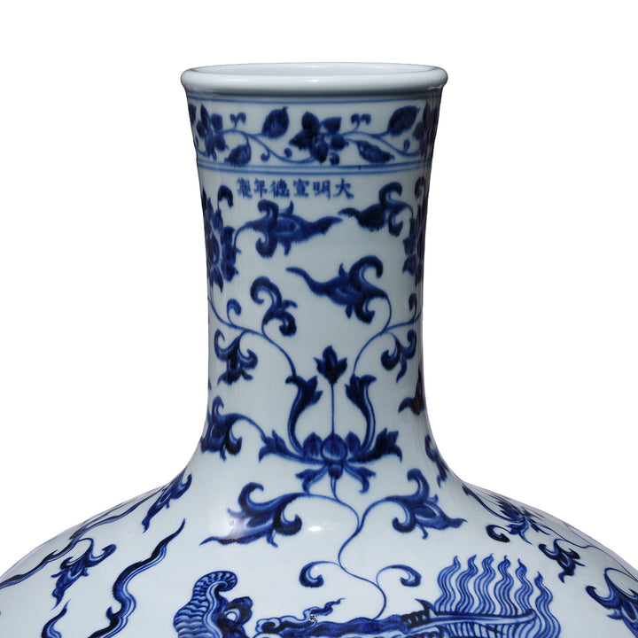Spout Detail From Left Facing Extra Large Blue & White Dragon Bottle Vase | Indigo Antiques