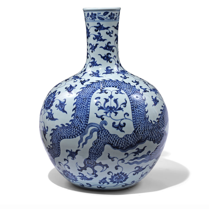 Back Of Left Facing Extra Large Blue & White Dragon Bottle Vase | Indigo Antiques