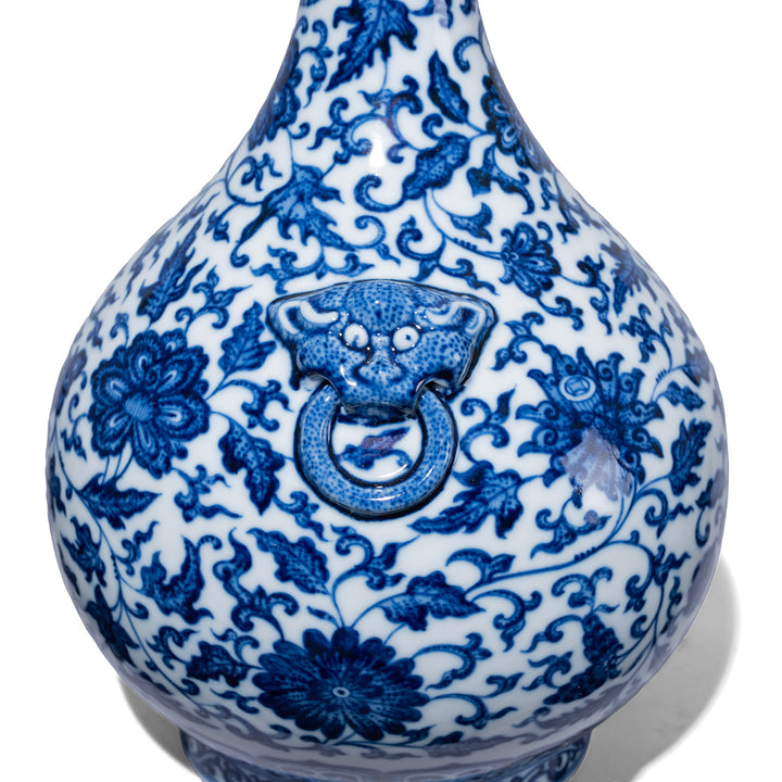 Lion Head Detail From Blue & White Porcelain Lotus Mouth Vase | Indigo Antiques