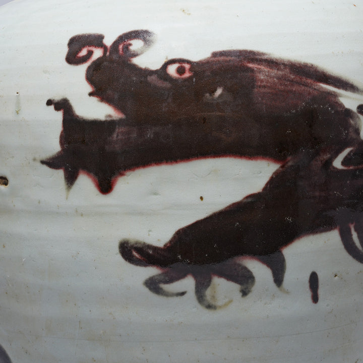 Dragon Face Detail From Provincial Ink Brown & White Dragon Jar | Indigo Antiques