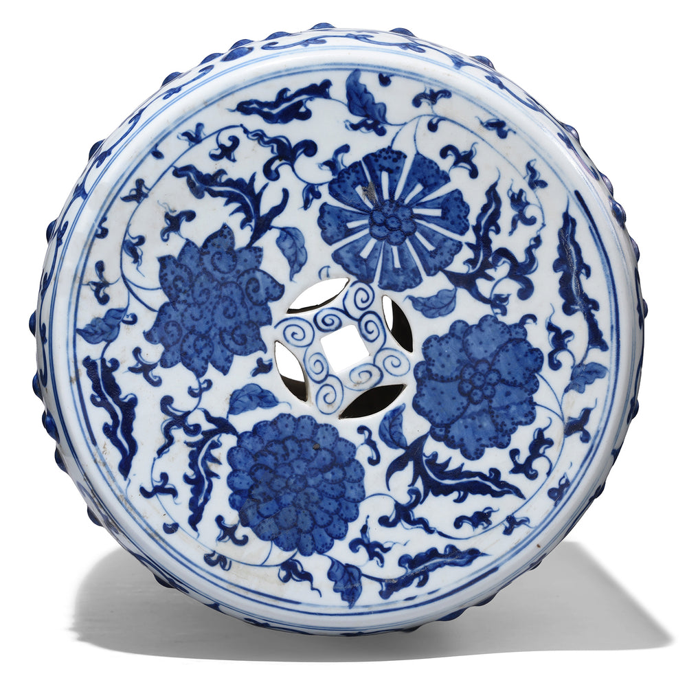 Seat View Of Blue & White Lotus Barrel Stool – Jingdezhen Porcelain | Indigo Antiques