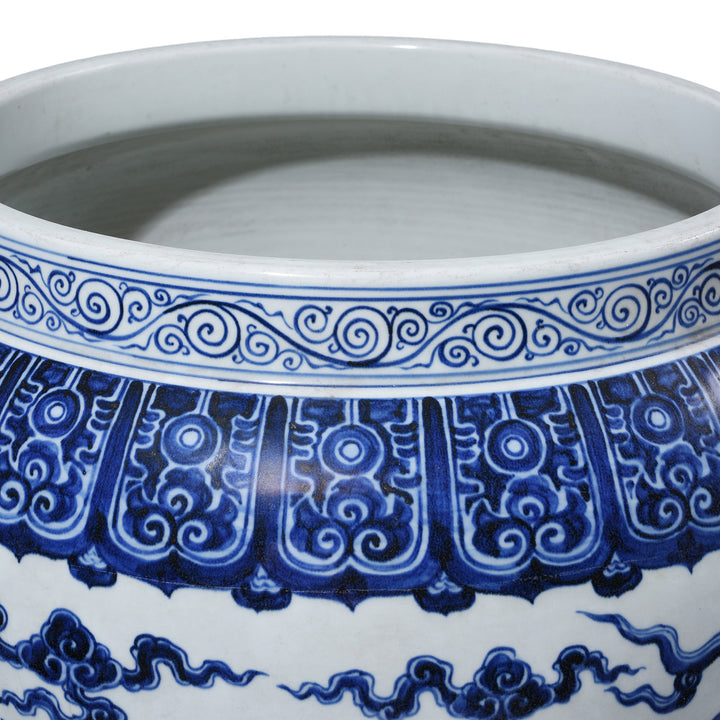 Rim Detail From Large Blue & White Porcelain Planter - Dragon | Indigo Antiques
