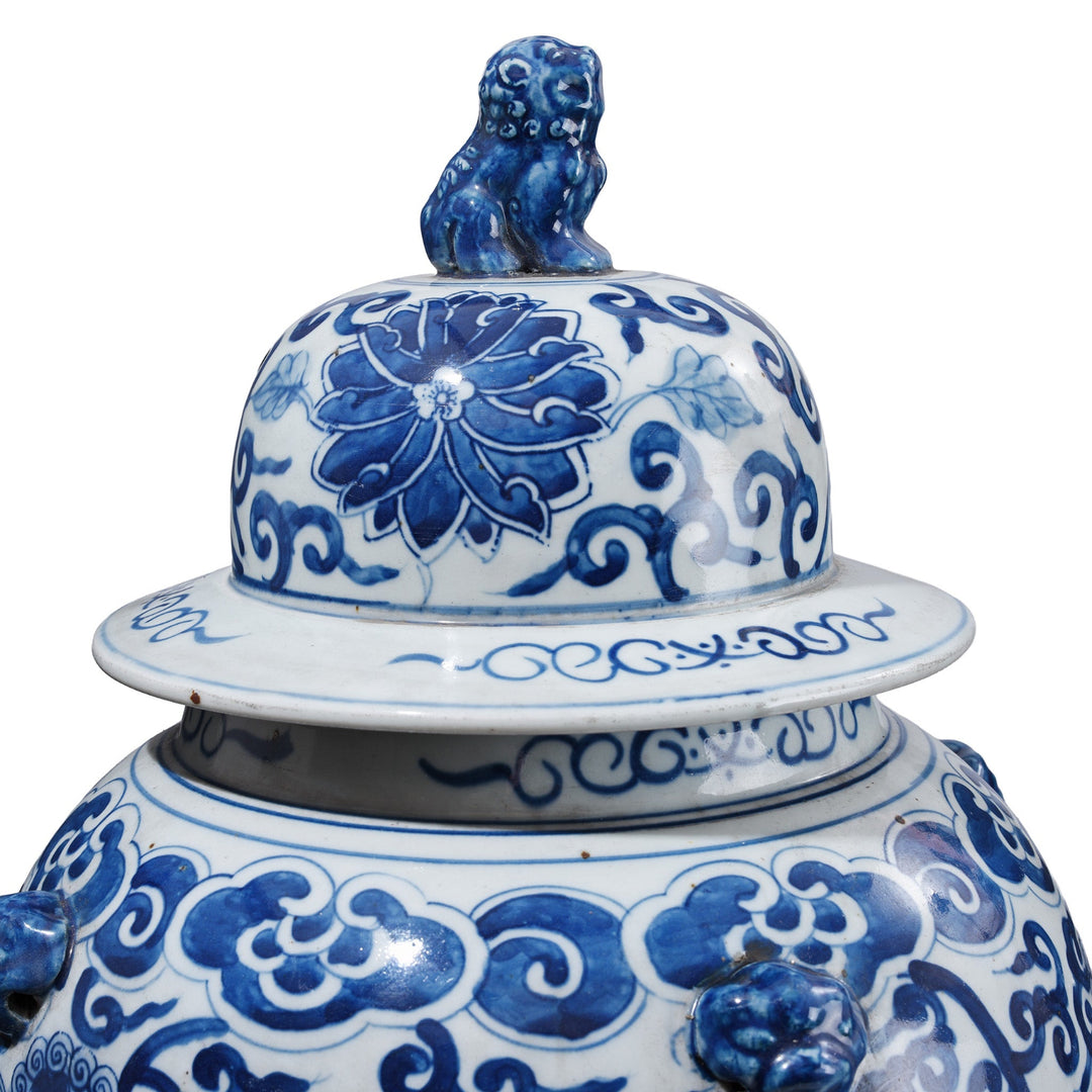 Lid Detail From Blue & White Porcelain Temple Jar - Snow Lion