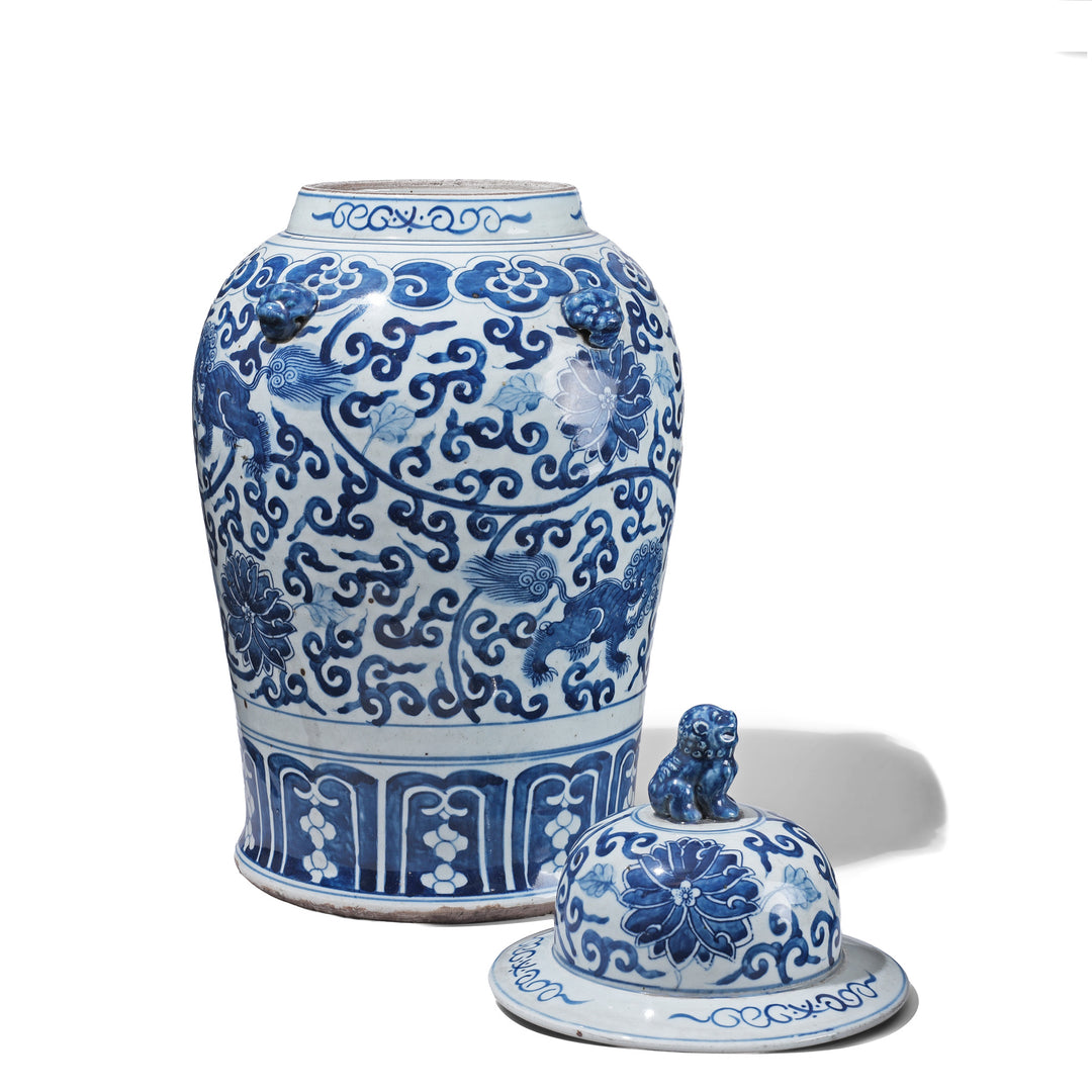 Back Of Blue & White Porcelain Temple Jar - Snow Lion