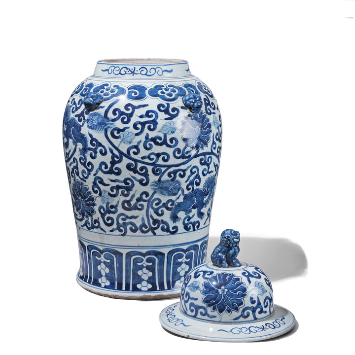 Back Of Blue & White Porcelain Temple Jar - Snow Lion