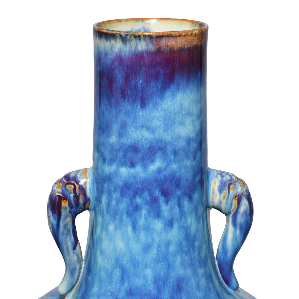 Rim Detail From Large handcrafted blue yaobian flambé porcelain elephant ear vase from Jingdezhen with kiln-transmuted glaze and elephant-head handles | Indigo Antiques