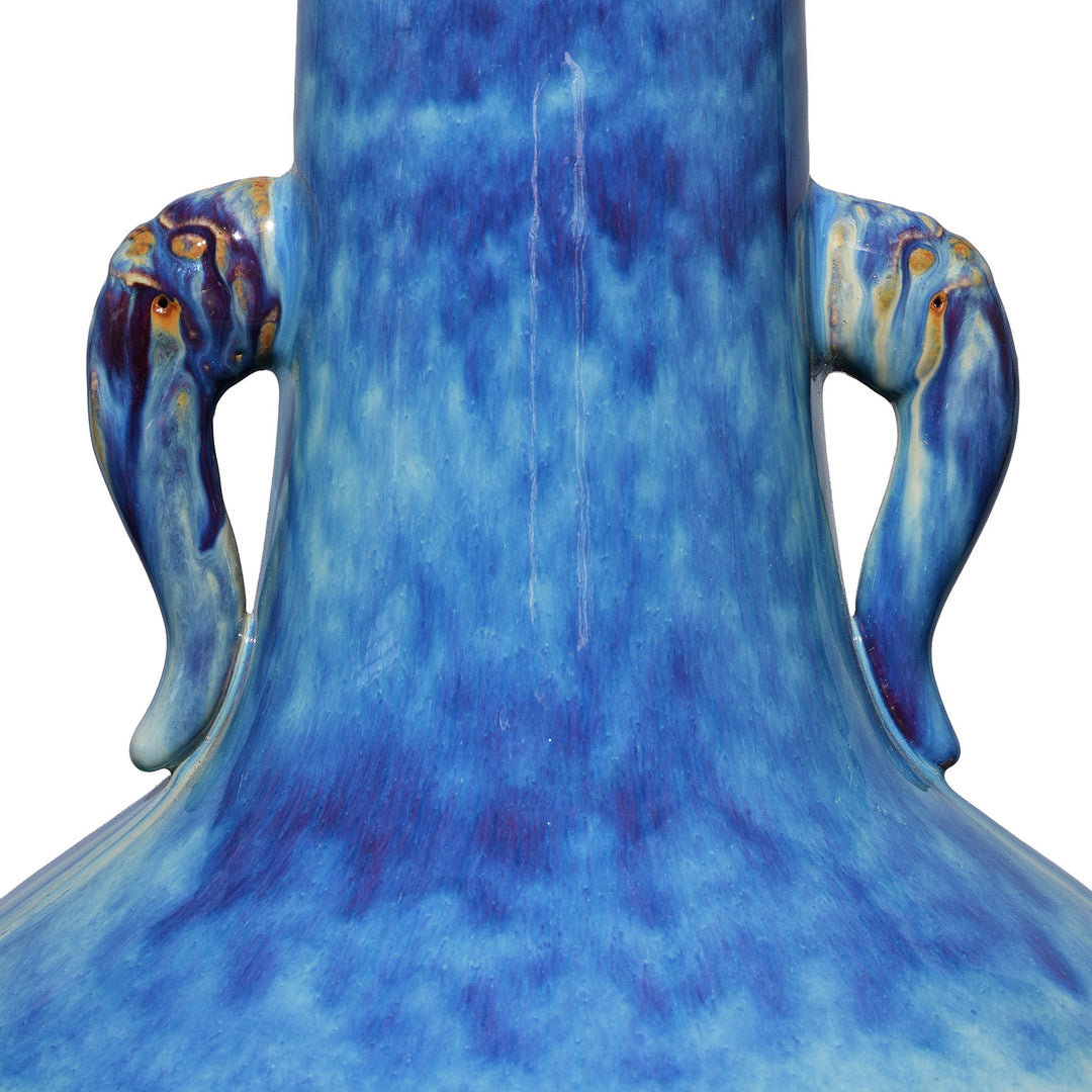 Neck Detail From Large handcrafted blue yaobian flambé porcelain elephant ear vase from Jingdezhen with kiln-transmuted glaze and elephant-head handles | Indigo Antiques