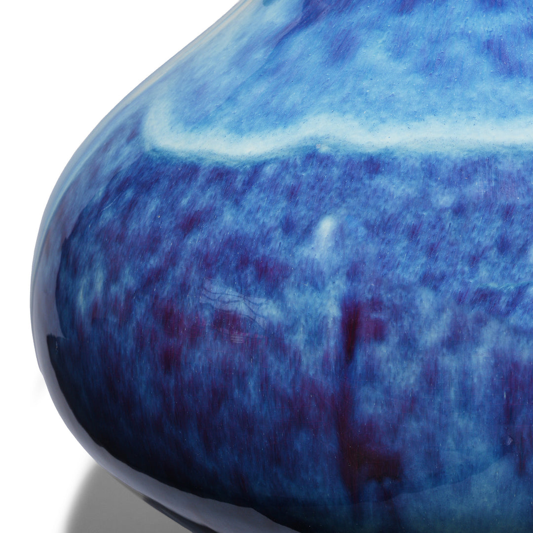 Glaze Detail From Large handcrafted blue yaobian flambé porcelain elephant ear vase from Jingdezhen with kiln-transmuted glaze and elephant-head handles | Indigo Antiques
