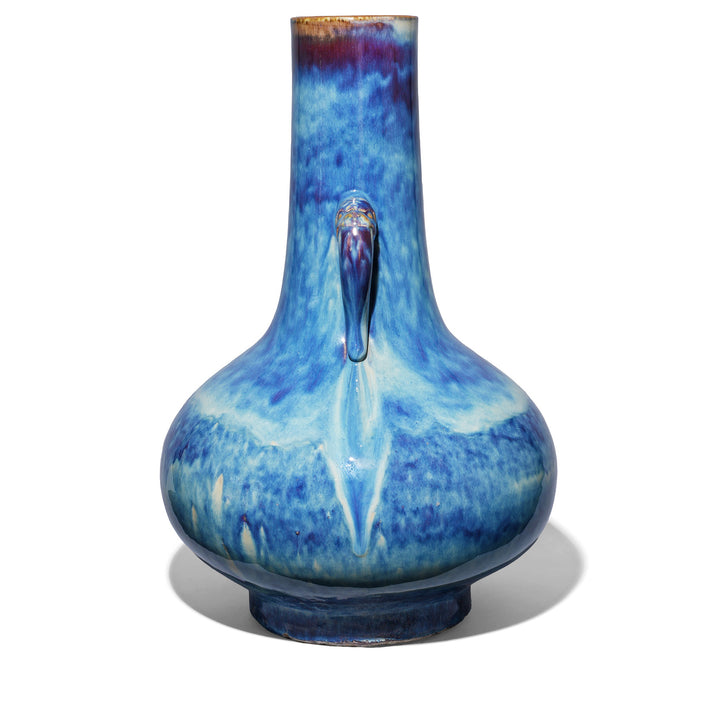 Side VIew Of Large handcrafted blue yaobian flambé porcelain elephant ear vase from Jingdezhen with kiln-transmuted glaze and elephant-head handles | Indigo Antiques