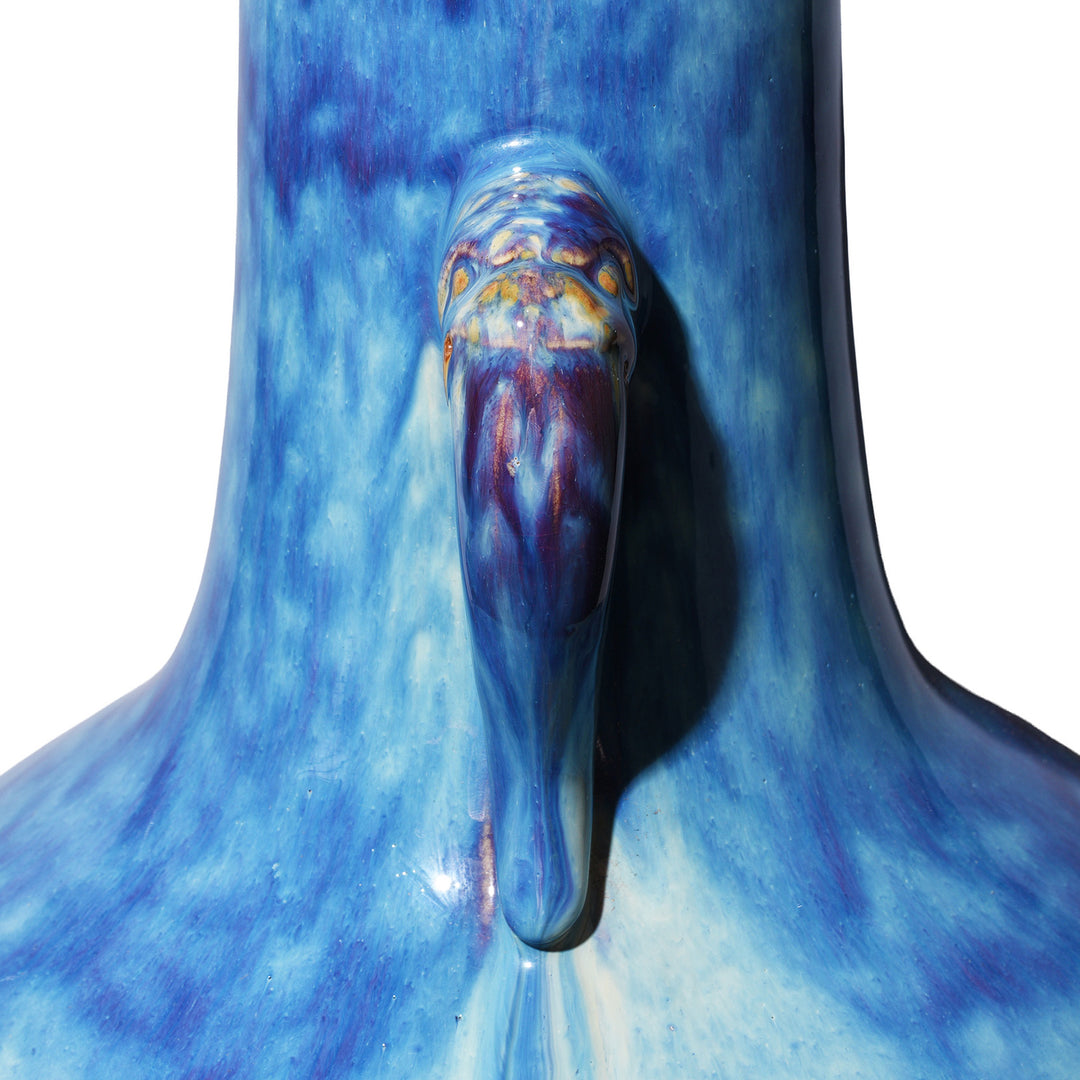 Detail From Large handcrafted blue yaobian flambé porcelain elephant ear vase from Jingdezhen with kiln-transmuted glaze and elephant-head handles | Indigo Antiques