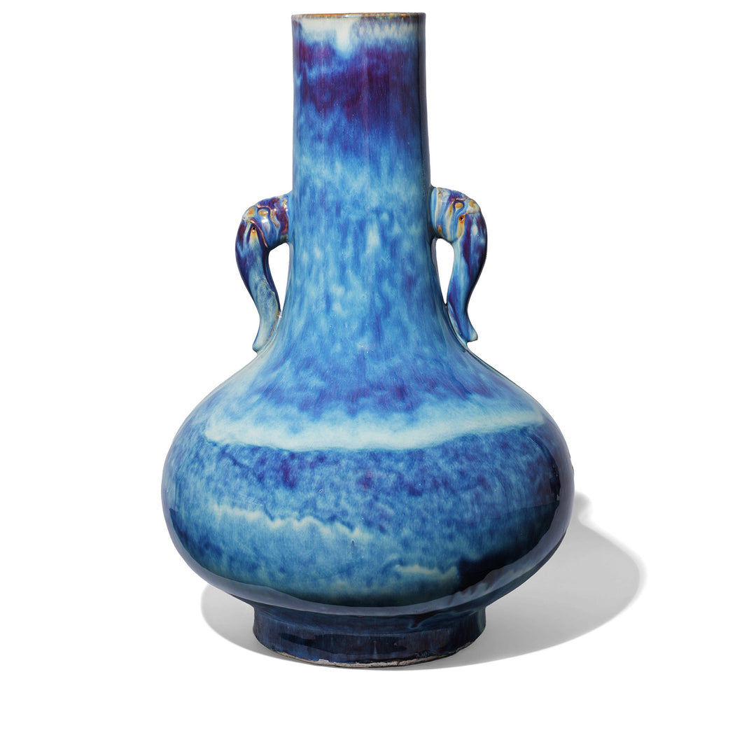 Back Of Large handcrafted blue yaobian flambé porcelain elephant ear vase from Jingdezhen with kiln-transmuted glaze and elephant-head handles | Indigo Antiques
