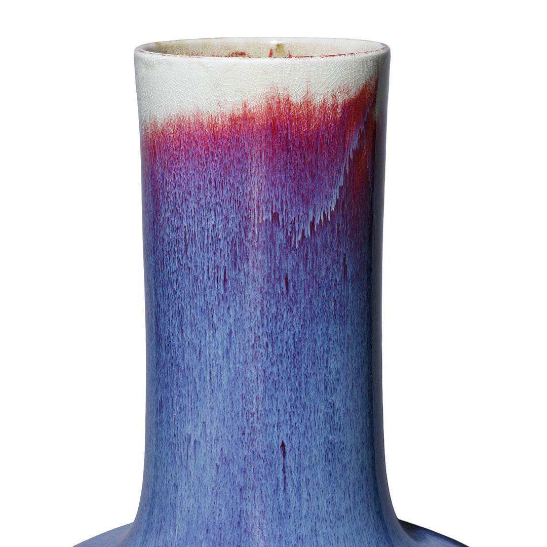 Rim Detail From Large handcrafted purple yaobian flambé porcelain bottle vase from Jingdezhen with kiln-transmuted glaze in deep violet, lavender and crimson tones | Indigo Antiques