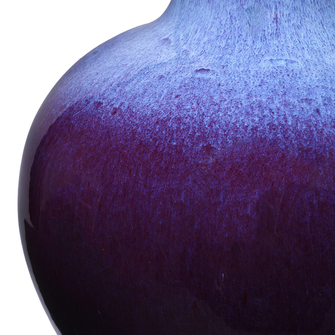 Glaze Detail From Large handcrafted purple yaobian flambé porcelain bottle vase from Jingdezhen with kiln-transmuted glaze in deep violet, lavender and crimson tones | Indigo Antiques