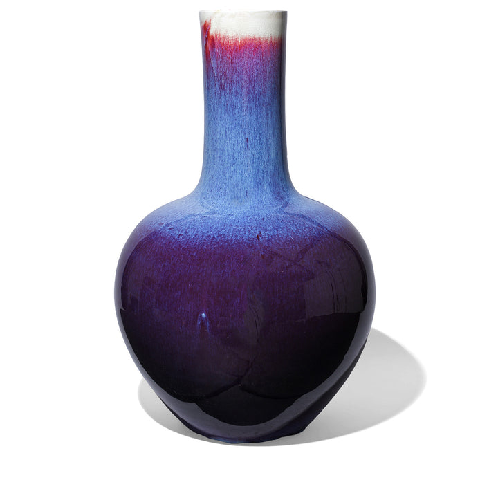 Large handcrafted purple yaobian flambé porcelain bottle vase from Jingdezhen with kiln-transmuted glaze in deep violet, lavender and crimson tones | Indigo Antiques
